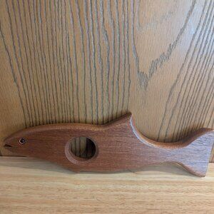 Salmon Fish Wood Wine Horn Holder Floating  Handcrafted Wine Stand Signed